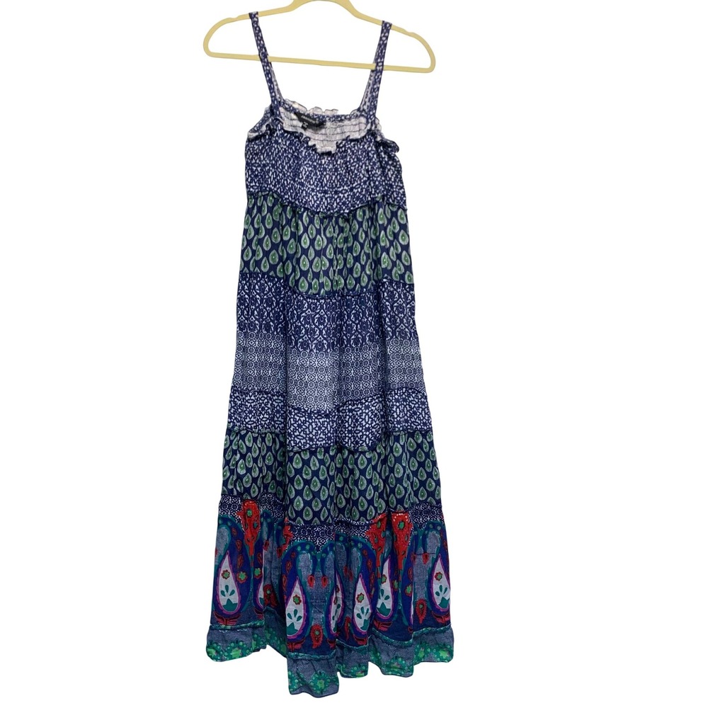 Jasmine Maxi Dress Small Blue Green Paisley Boho Smocked Tiered Summer